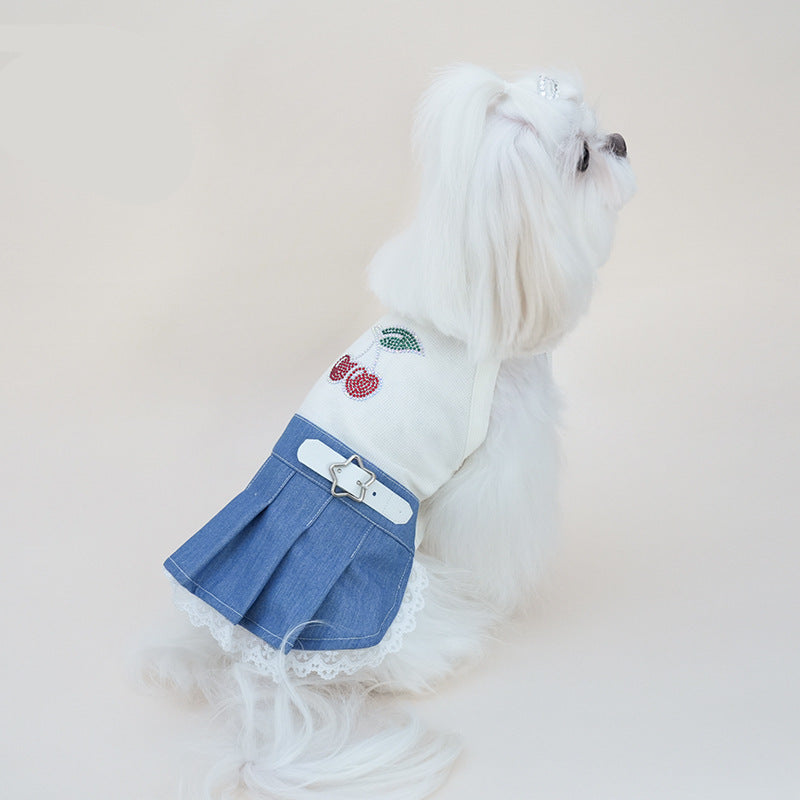 Rhinestone Cherry Belt Denim Dog Cat Dress Softosy Rhinestone Cherry Belt Denim Dog Cat Dress Softosy