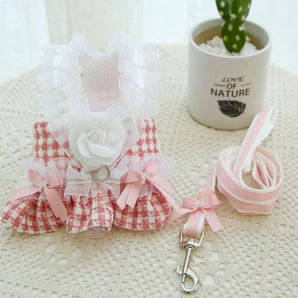 Lace Flower Plaid Dog Harness Leash
