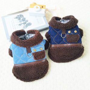 Plaid Denim Furry Dog Cat Harness Jacket