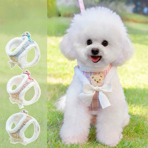 Bear Pattern Plaid Furry Dog Harness Leash