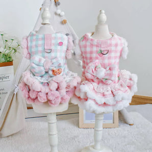Fleece Sweet Plaid Bear Strawberry Dog Cat Dress