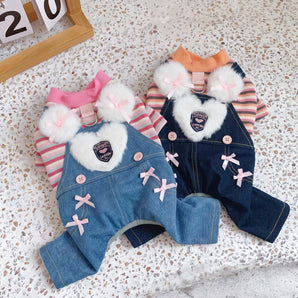 Fleece Sweet Heart Striped Denim Dog Jumpsuits