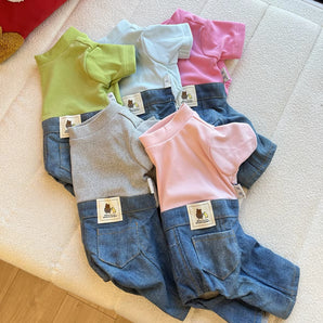 Casual Color Block Denim Dog Cat Jumpsuits