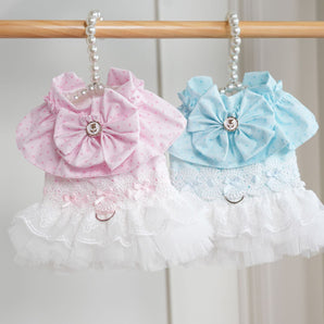 Sweet Bow Heart Dog Cat Harness Lace Dress