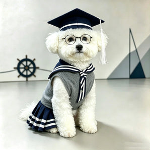 Navy Collar Color Block Dog Cat Knitted Dress