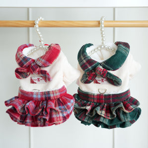 Fleece Plaid Bow Dog Cat Layered Dress