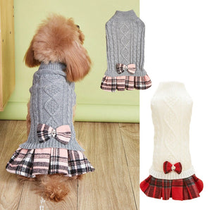 Bow Plaid Knitted Dog Cat Sweater Dress
