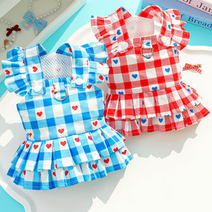 Plaid Heart Printed Ruffled Dog Vest Harness