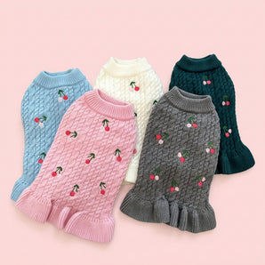 Cherry Ruffled Sleeve Knitted Sweater Dress