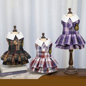Preppy Style Plaid Dog Cat Pleated Dress