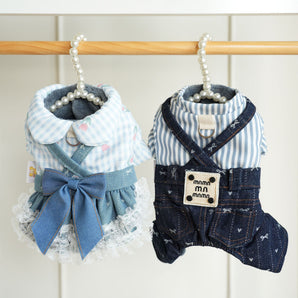 Fleece Bow Denim Dog Cat Dress Jumpsuits Harness