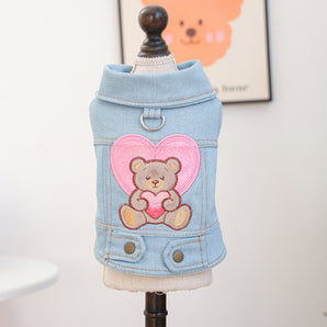 Pink Heart Bear Dog Cat Denim Harness Jacket