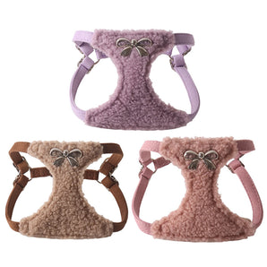 Fleece Furry Bow Decor Dog Harness Leash