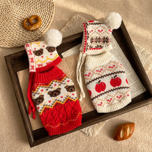 Bear Apple Pattern Dog Cat Sweater Hat