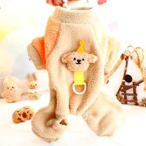 Fleece Color Block Bear Head Dog Harness Jumpsuits