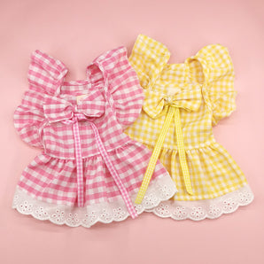 Plaid Printed Dog Cat Dress with Bow