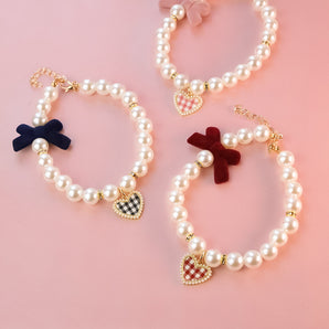 Vintage Plaid Heart Pearl Dog Cat Necklace