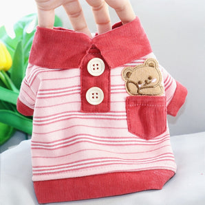 Buttoned Striped Cat Dog T-Shirt